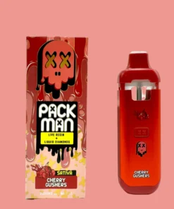 Packman Cherry Gushers Disposable (sativa) vape with juicy cherry candy flavor, smooth vapor production, upgraded airflow technology, premium packman disposable packaging, and sleek portable design displayed in detailed product presentation.
