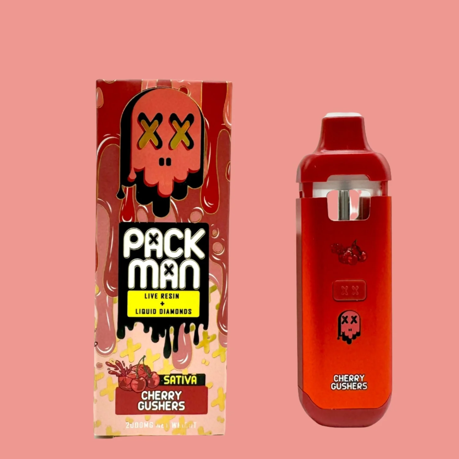 Packman Cherry Gushers Disposable (sativa) vape with juicy cherry candy flavor, smooth vapor production, upgraded airflow technology, premium packman disposable packaging, and sleek portable design displayed in detailed product presentation.