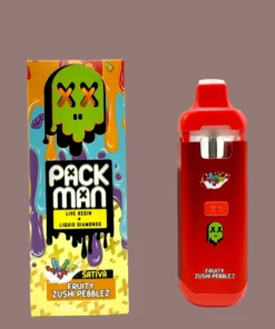 Packman Fruity Zushi Pebblez Disposable (sativa) vape with explosive fruity candy flavor, ultra-smooth airflow technology, premium packman disposable packaging, and sleek portable vape design displayed in vibrant high-quality detail.