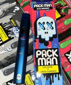Pack Man Blue AirHeaz disposable vape device featuring sweet blue raspberry candy flavor, smooth airflow, and ready-to-use portable design from packsmancart