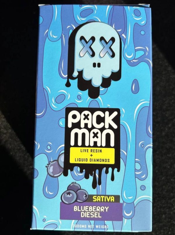 Pack Man Blueberry Diesel 10 pc Master Box containing ten 2g disposable vape pens from packsmancart/shop.