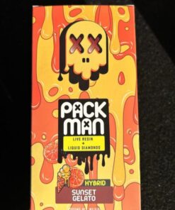 Pack Man Sunset Gelato (10pc) Master Box disposable vape packaging with premium flavor, smooth vapor production, and portable packman disposable design displayed in high-quality product presentation.