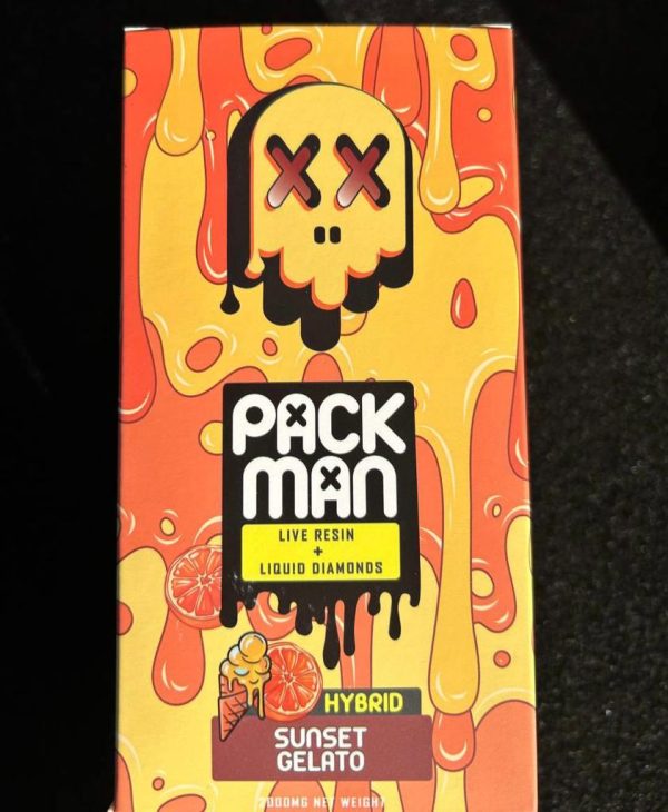 Pack Man Sunset Gelato (10pc) Master Box disposable vape packaging with premium flavor, smooth vapor production, and portable packman disposable design displayed in high-quality product presentation.