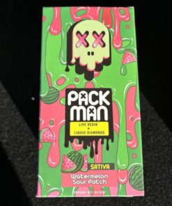 Pack Man Watermelon Sour Patch (10pc) Master Box featuring sweet and sour watermelon candy flavor, premium packman disposable packaging, smooth vapor production, and portable vape design in detailed product display.