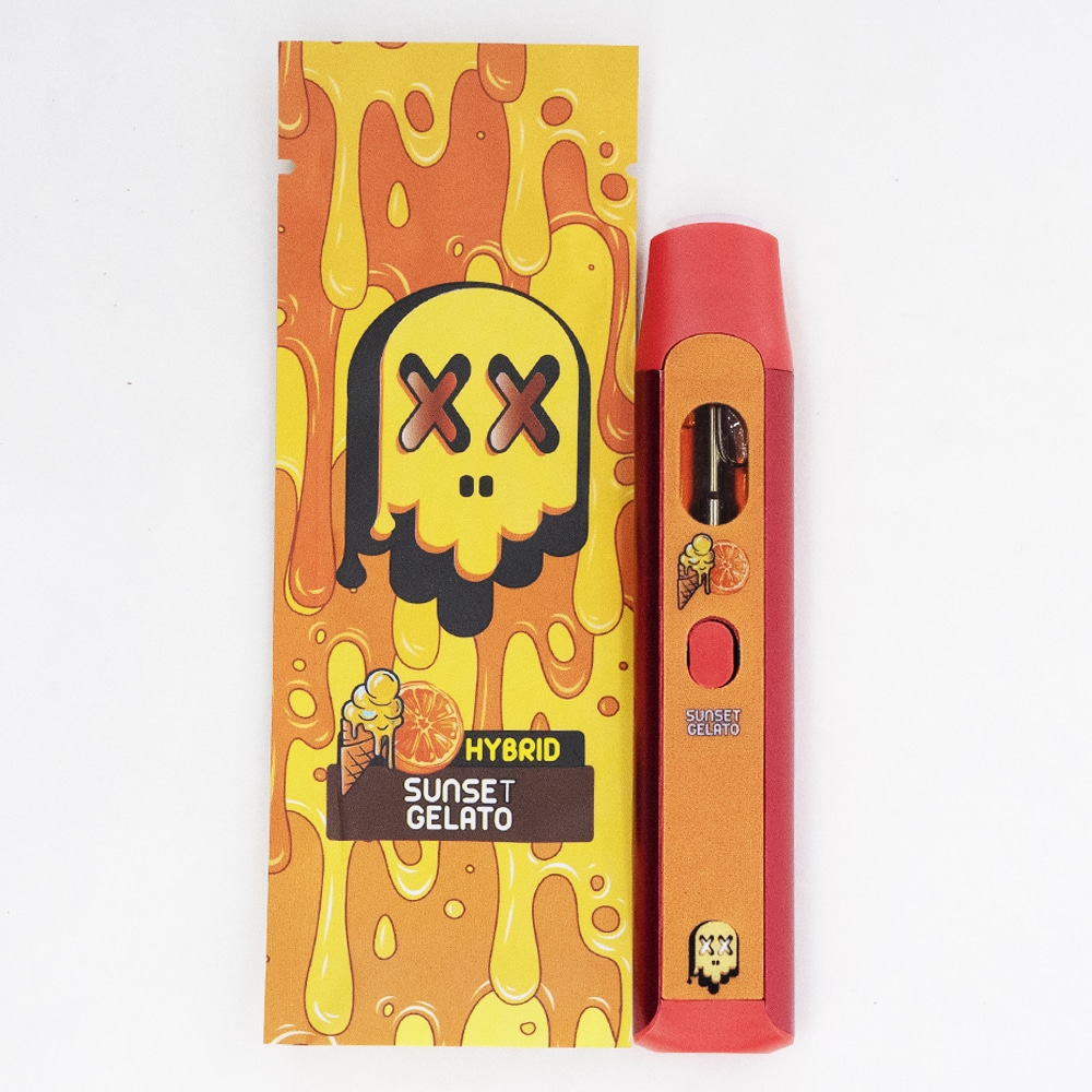 Pack Man Sunset Gelato (HYBRID) disposable vape with creamy dessert-inspired flavor, sleek portable design, smooth vapor production, and premium packman disposable packaging displayed in high-quality detail.
