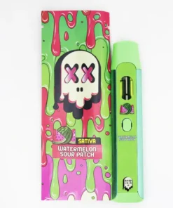Pack Man Watermelon Sour Patch (SATIVA) disposable vape with sweet watermelon candy flavor, tangy sour notes, smooth airflow technology, premium packman disposable packaging, and sleek portable design displayed in high-quality detail.