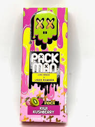 Packman Kiwi KushBerry Disposable (indica) packaging, and sleek portable vape design displayed in high-quality detail.