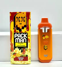 Packman Mango Glue Disposable (hybrid) featuring juicy tropical mango flavor, smooth airflow technology, premium packman disposable packaging, and sleek portable vape design displayed in vibrant high-quality detail.