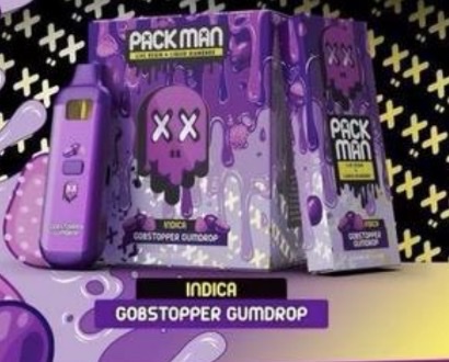 Packman Gobstopper Gumdrop Gen 3 Disposable (indica) vape featuring sweet candy-inspired flavor, upgraded airflow technology, smooth vapor production, premium packman disposable packaging, and sleek portable design displayed in high-quality detail.