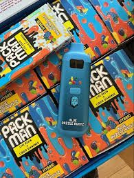 Packman Blue Razzle Runtz Disposable (HYBRID) vape with sweet blue raspberry candy flavor, smooth vapor production, upgraded airflow technology, premium packman disposable packaging, and sleek portable design displayed in detailed product presentation.