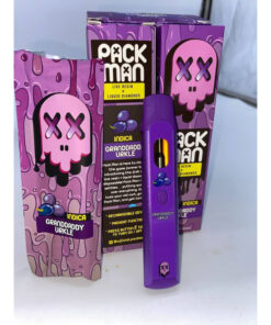 PackMan Grand Daddy Urkle (INDICA) disposable vape with rich grape and berry-inspired flavor, smooth airflow technology, premium packman disposable packaging, and sleek portable design displayed in high-quality product detail.