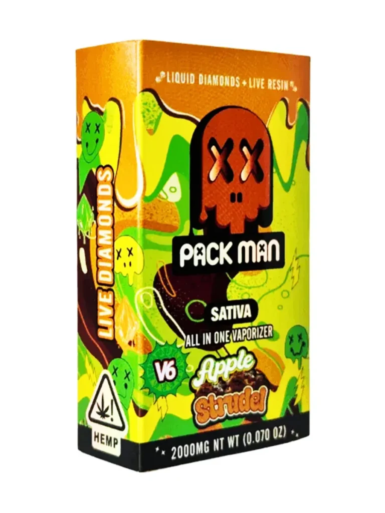 Apple Strudel Packman Vape V6 Disposable featuring authentic Packman branding, sweet apple pastry-inspired flavor profile, premium disposable hardware, smooth performance, and secure sealed packaging.
